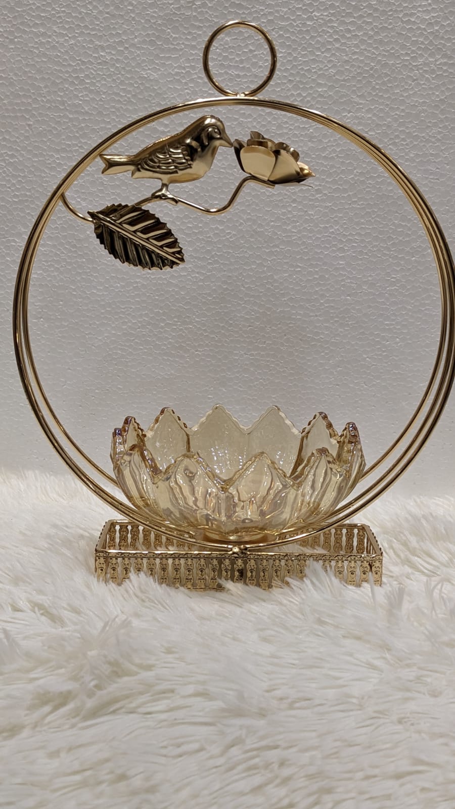 "Golden Harmony: Bird & Blossom Glass Bowl Decor"